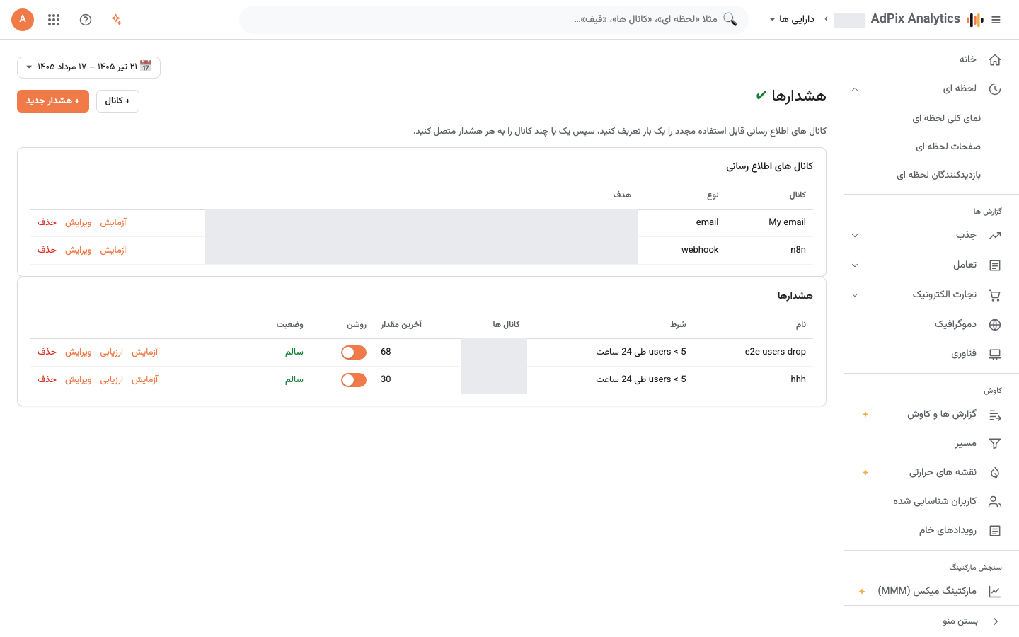 هشدارها و کانال‌های اعلان (ایمیل و وب‌هوک).