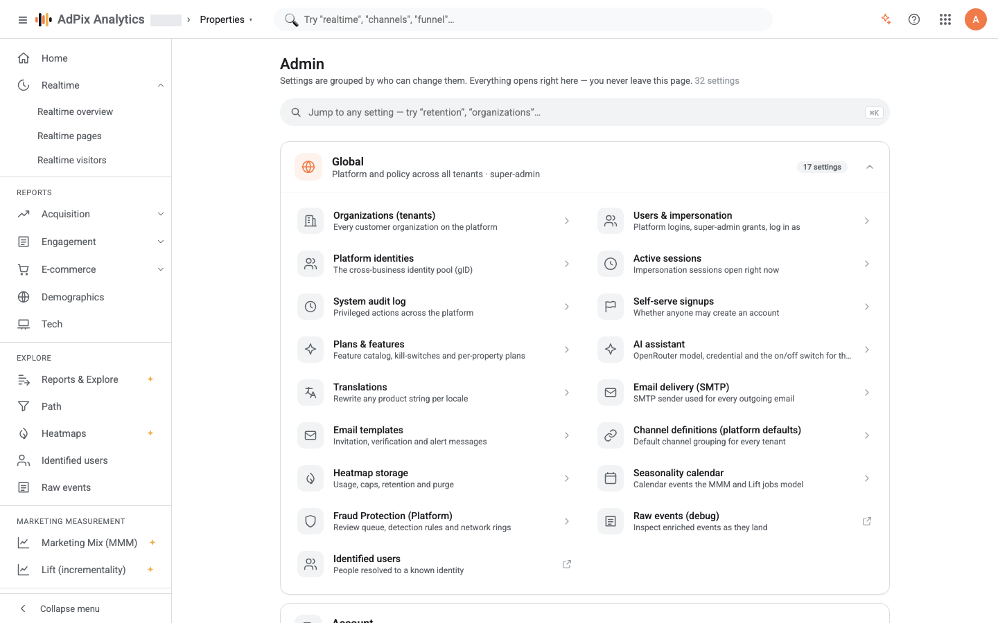 The Admin screen and its Global / Account / Property scopes.