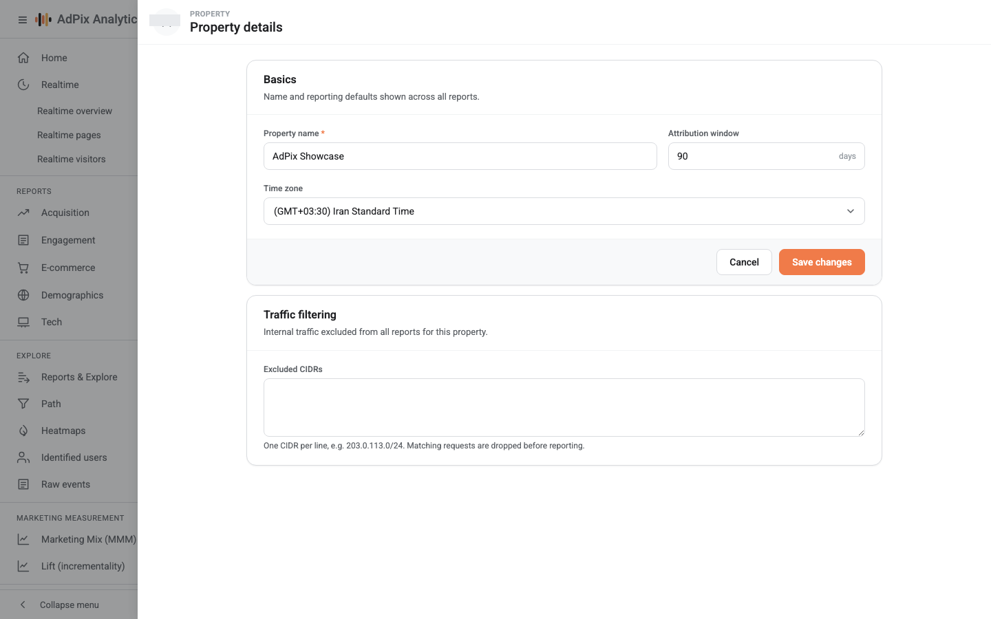 Property details: name, attribution window, time zone and IP filtering.