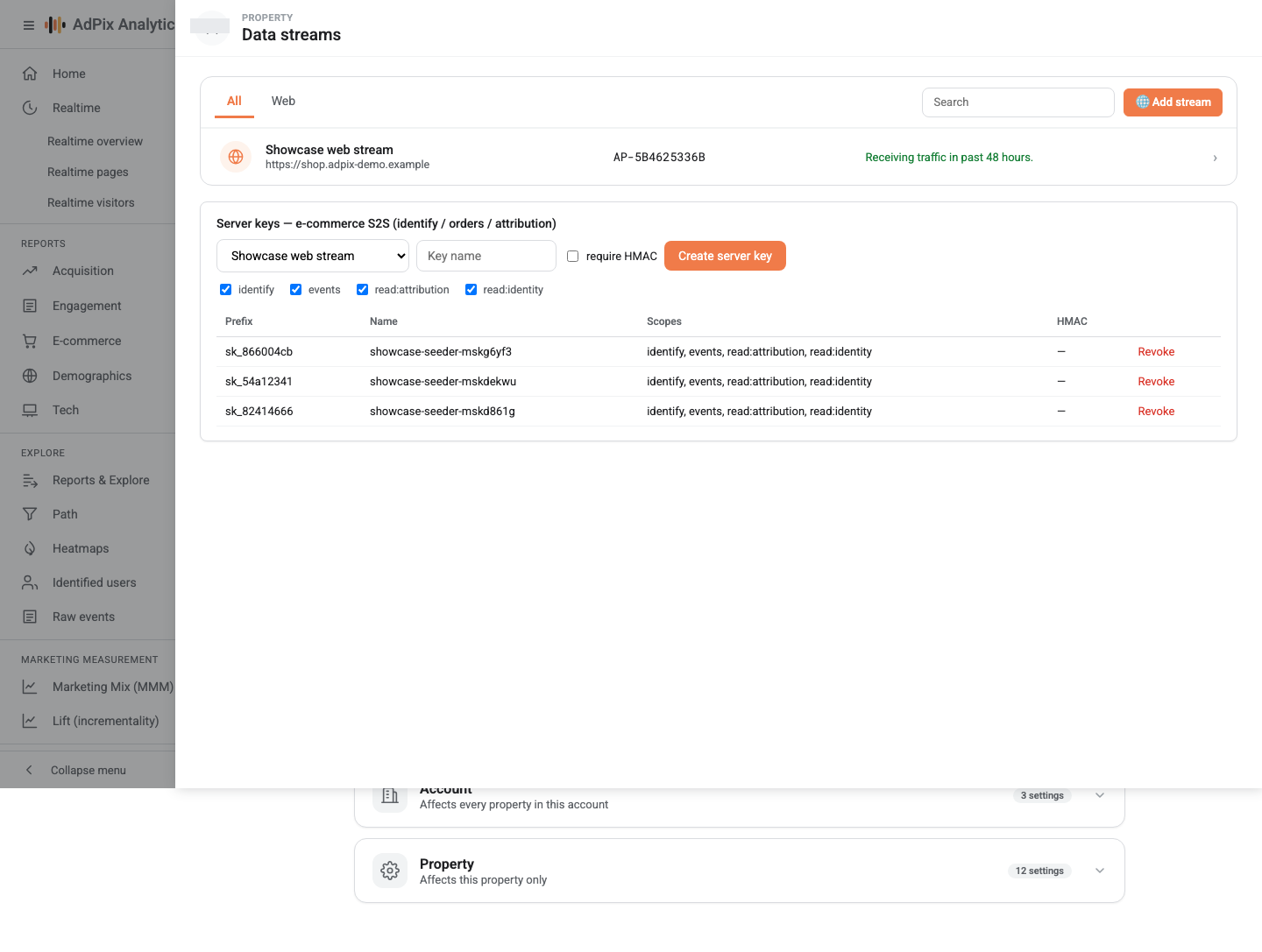 Stream detail: domain, measurement ID and enhanced-measurement settings.