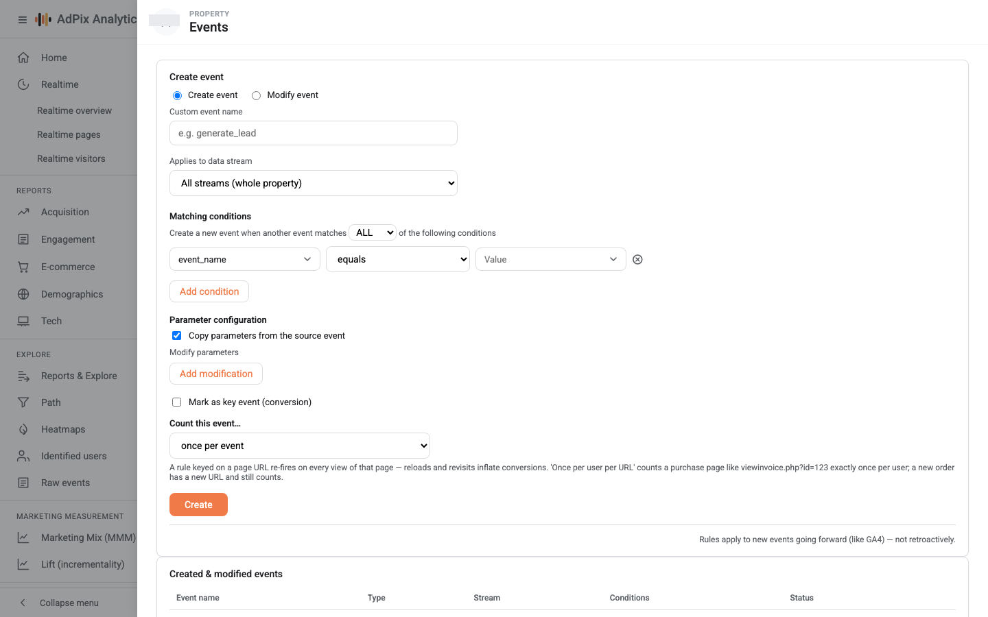 The Create / Modify event rule builder, with conditions and the once-per selector.