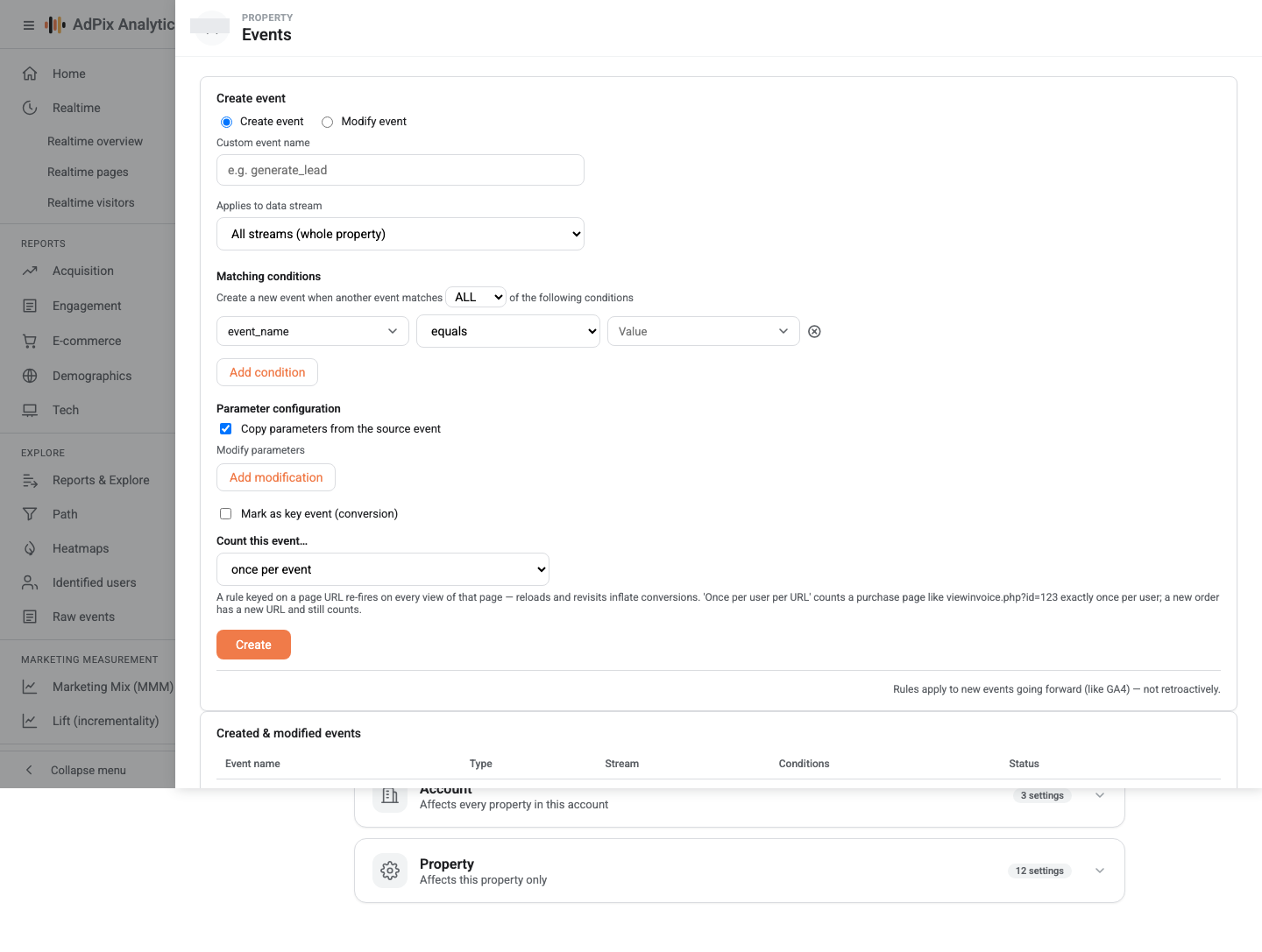 Created and modified events, listed per data stream.