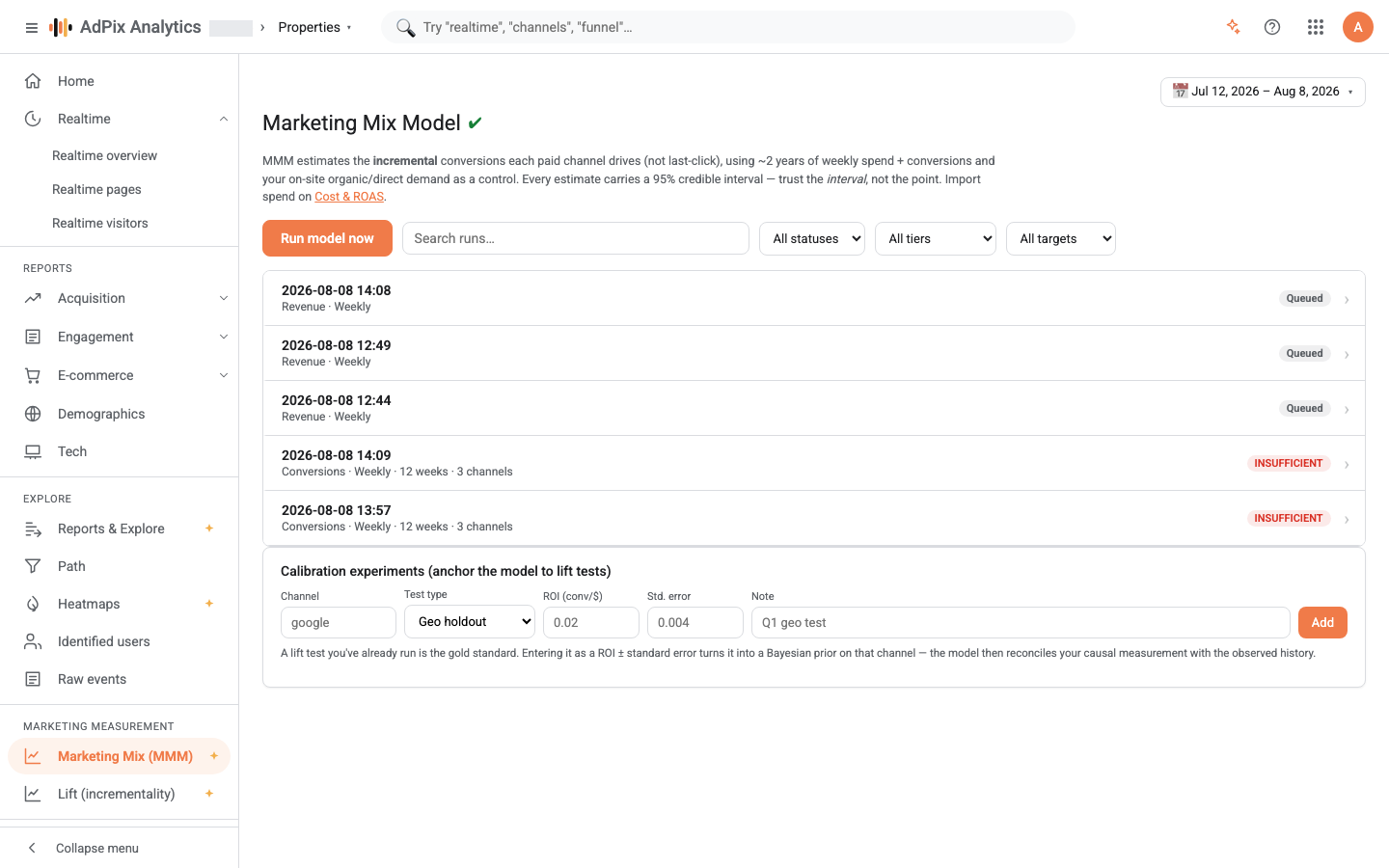 The Marketing Mix run queue and each run's data-sufficiency trust tier.