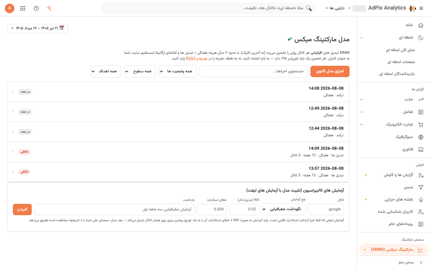 صف اجرای مدل ترکیب بازاریابی و ردهٔ اعتماد هر اجرا.