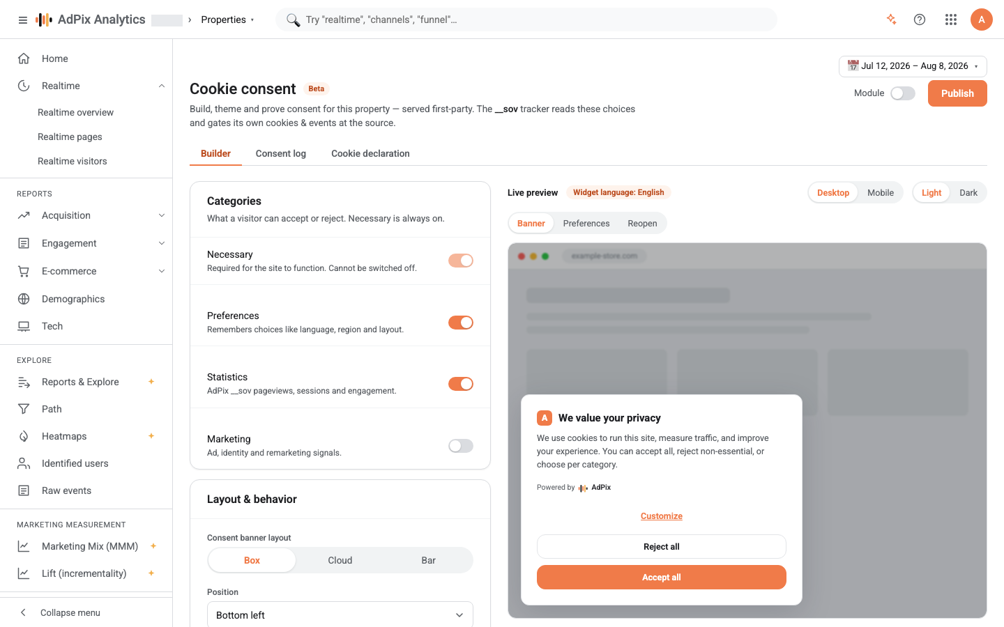 The consent banner builder, with the live preview and theme presets.
